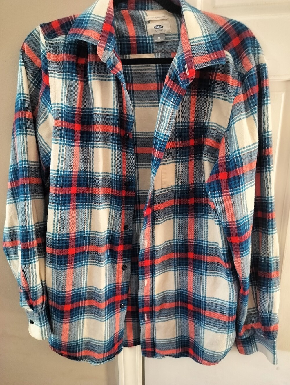 Old Navy Plaid Button-Down Shirt in White, Blue & Red
